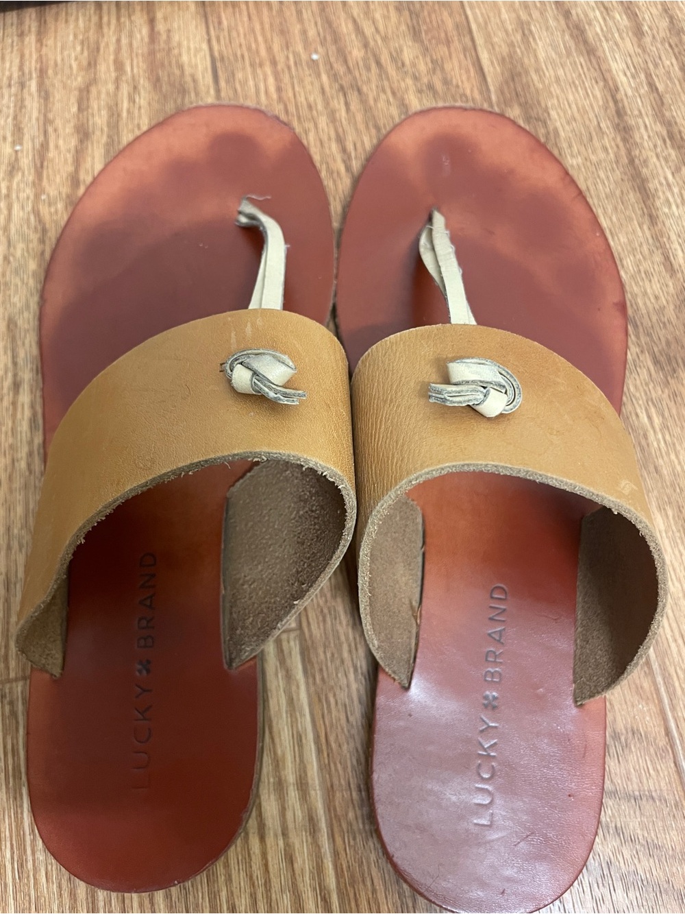 Lucky Brand Tan and Brown Leather Slide Sandals with Knot Accent